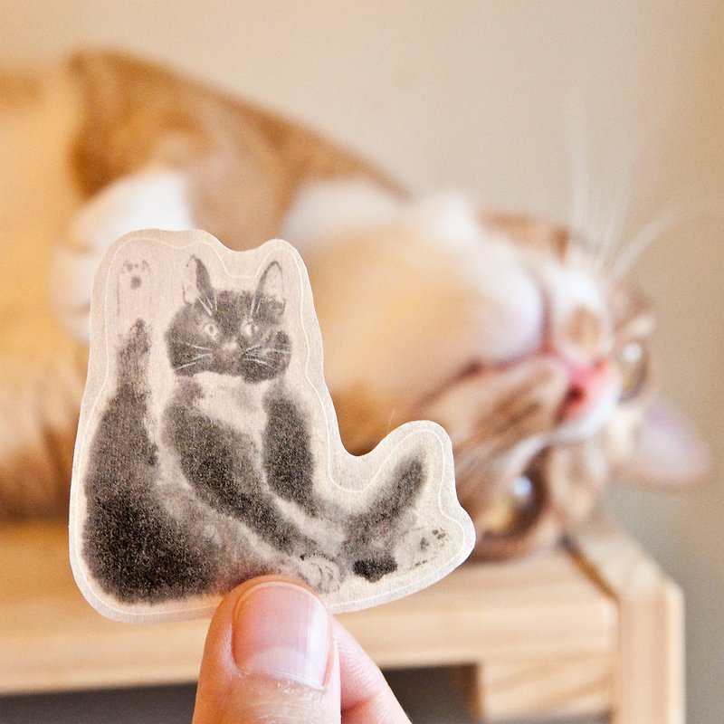 インクの猫と紙のステッカー - ヨガを練習する猫 - シール - 紙 グレー