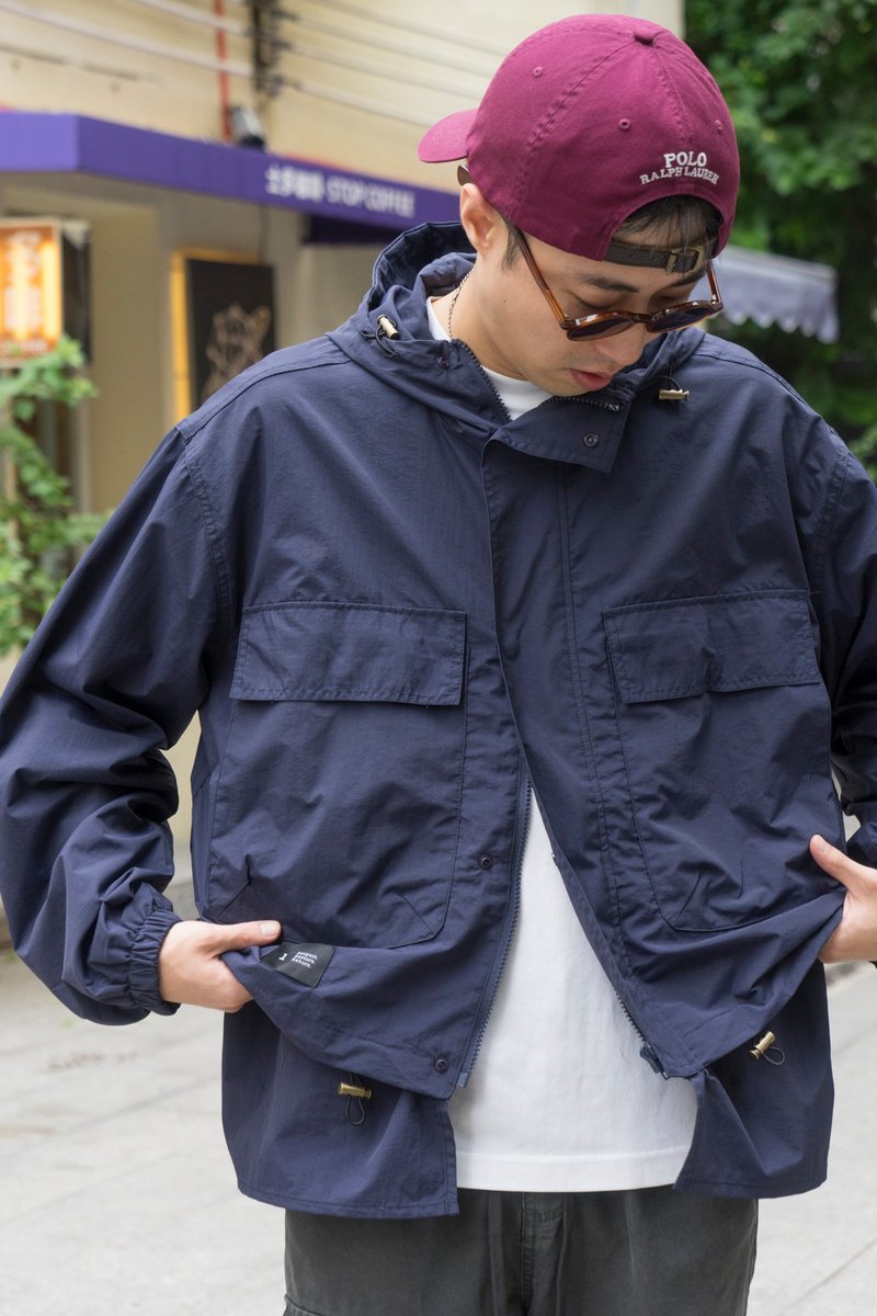 JACKET 日系潮流戶外輕防水寬鬆連帽風衣工裝外套 山系Cityboy - 男夾克/外套 - 尼龍 藍色