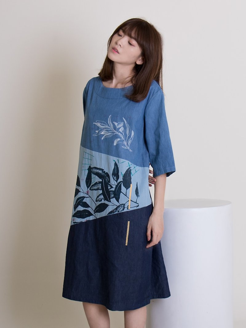 Three-color denim dress - Women's T-Shirts - Cotton & Hemp Blue