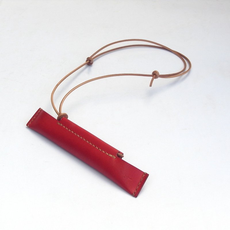 Pen Holder hanging from neck using Sappan Wood(すおう) Dyed Leather 【1 / いち】 - Pencil Cases - Genuine Leather Red