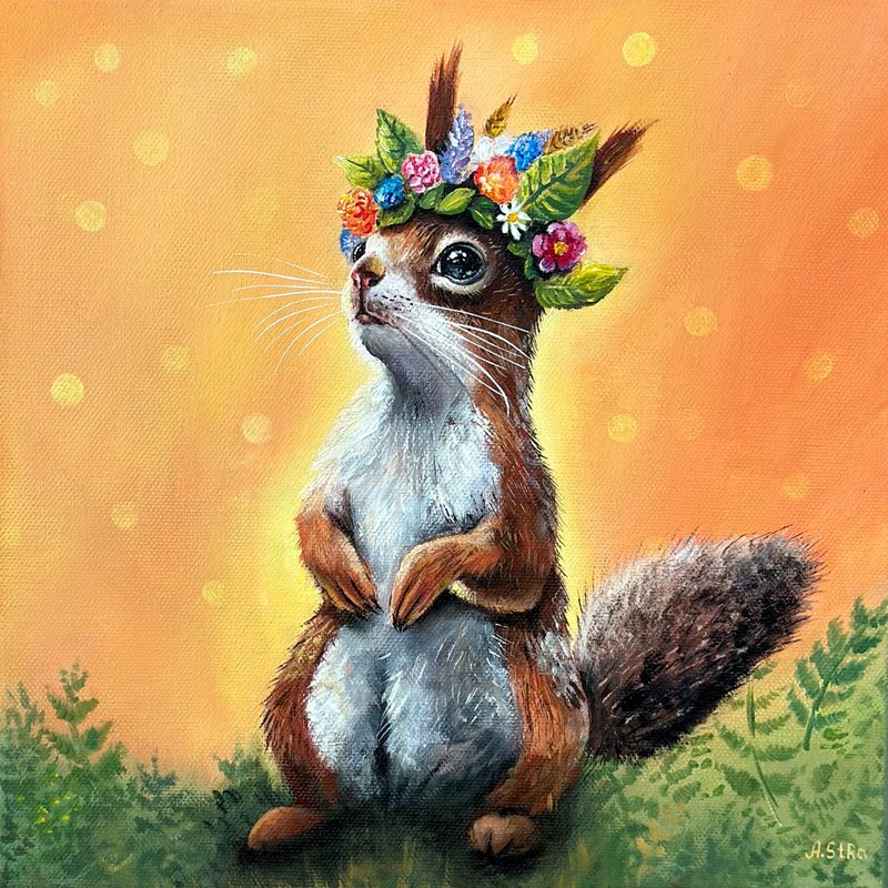 Squirrel original canvas painting, Squirrel decor, Woodland animals, Forest art - Wall Décor - Cotton & Hemp Orange