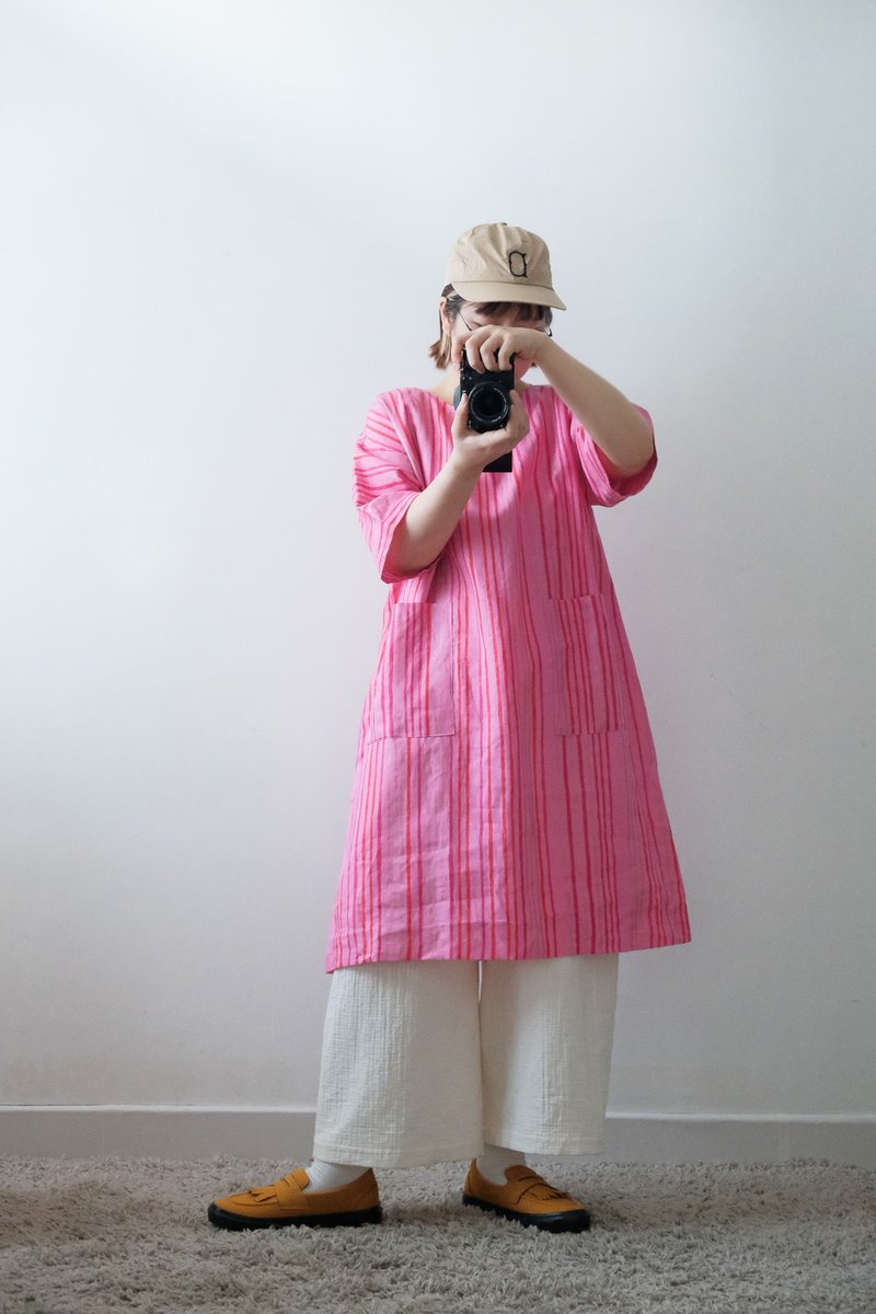 Peach Linen linen long dress - ชุดเดรส - ผ้าฝ้าย/ผ้าลินิน สึชมพู