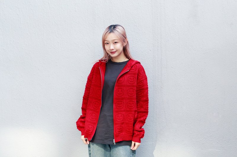 Red Khaki smiley knitted cold sweater jacket - Women's Sweaters - Cotton & Hemp Multicolor