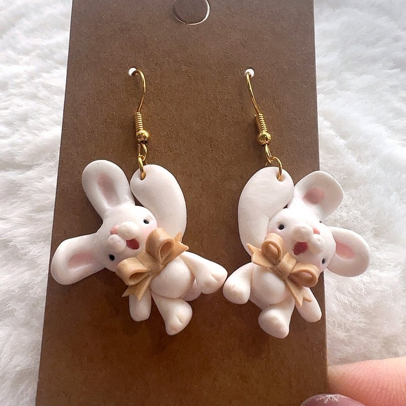 Rabbit bag Christmas airborne baby bunny soft clay earrings - Earrings & Clip-ons - Clay White