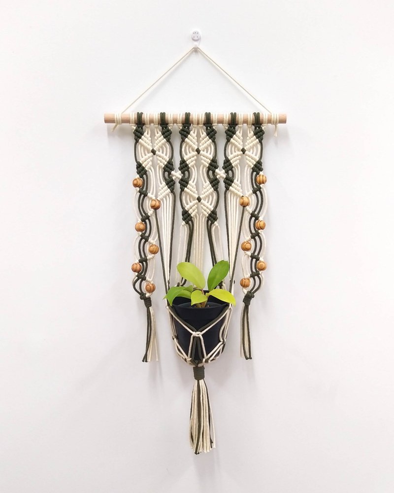 Macrame Plant Hanger Handwoven Plant Potted Hanging Net [Vintage Rice/Army Green] - Wall Décor - Cotton & Hemp Green