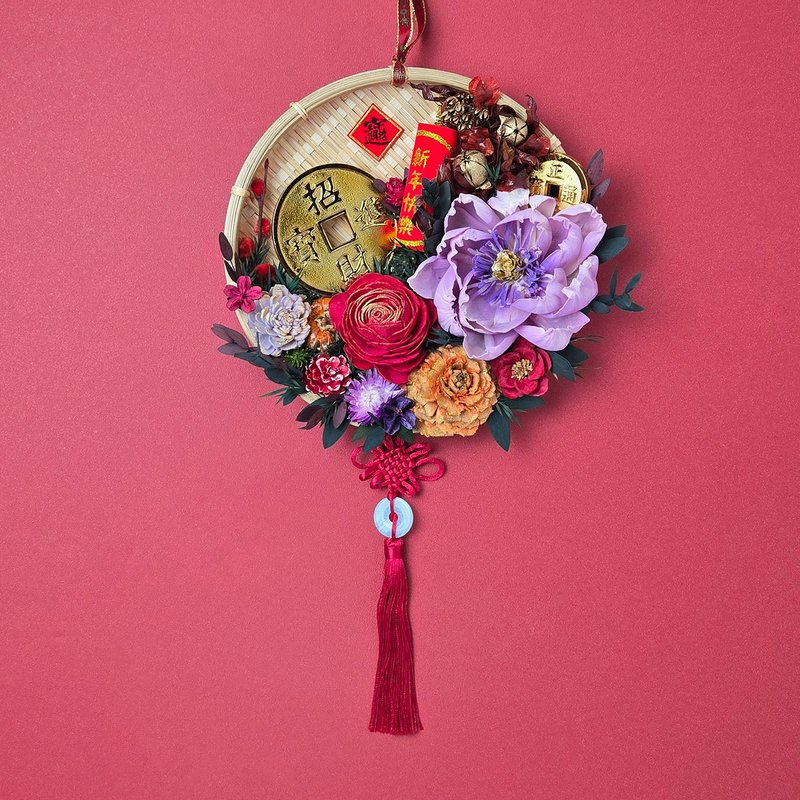 【現貨】不凋索拉花混乾燥花開運吉祥米篩掛飾-招財進寶款21cm - 乾花/永生花 - 植物．花 紅色