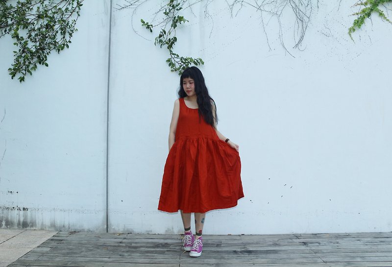 橙紅色連身裙 - 洋裝/連身裙 - 棉．麻 橘色