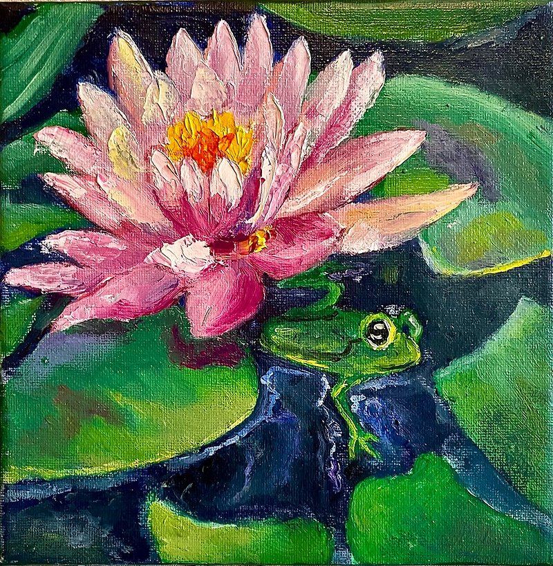 布面油畫 睡蓮 Pink Flower 小青蛙 Canvas Art, frog oil painting - Posters - Cotton & Hemp 