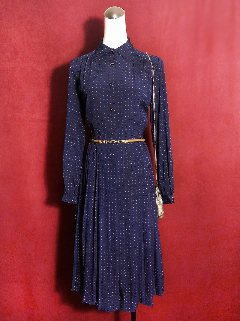 方格織紋長袖古著洋裝 / 國外帶回 VINTAGE - 連身裙 - 聚酯纖維 藍色