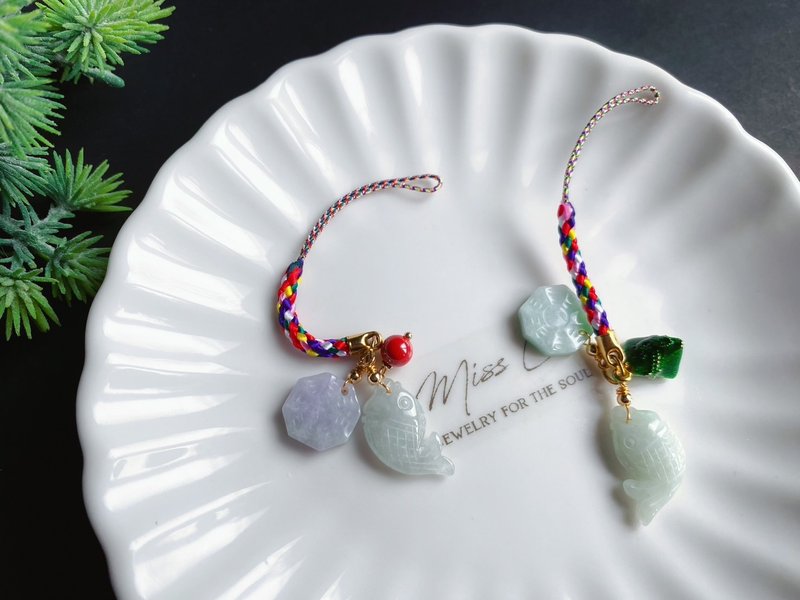 Natural Burmese Jade Jade Fish Bagua Safe and Good Luck Praying Good Luck Five Color Thread Gift Jade - เชือก/สายคล้อง - หยก สีเขียว