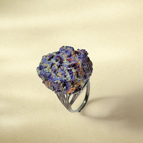 WANZAMGOK 藍銅礦活口戒指 隨形原石標本 星光閃片手工指環 S925銀 意識靈性