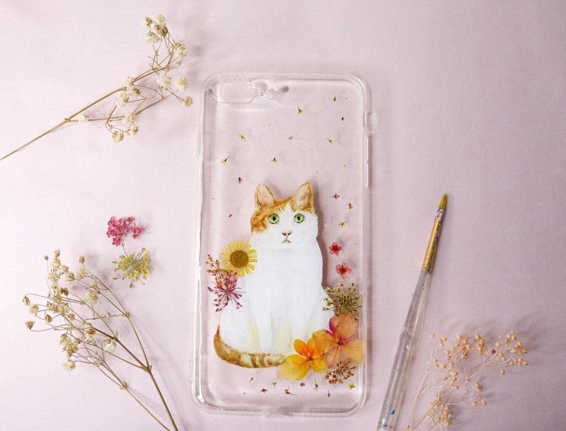 客製化手繪寵物押花手機殼 | 貓貓 - 手機殼/手機套 - 植物．花 橘色