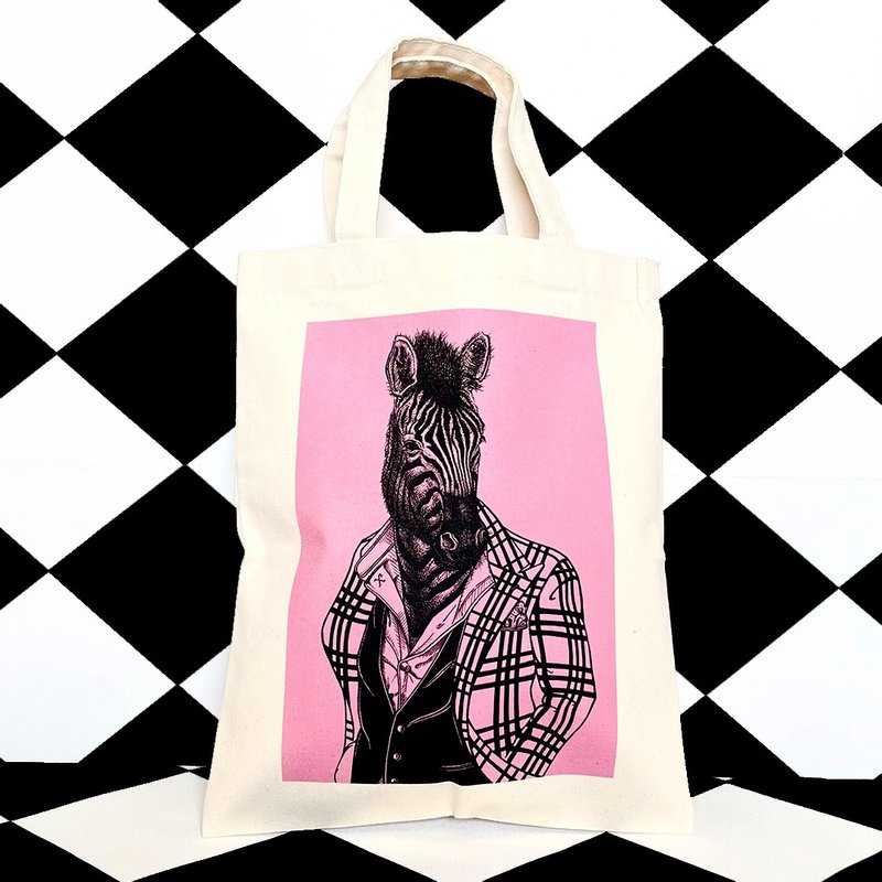 High quality printed animal illustration eco bag Pink color Handsome zebra - Handbags & Totes - Cotton & Hemp 