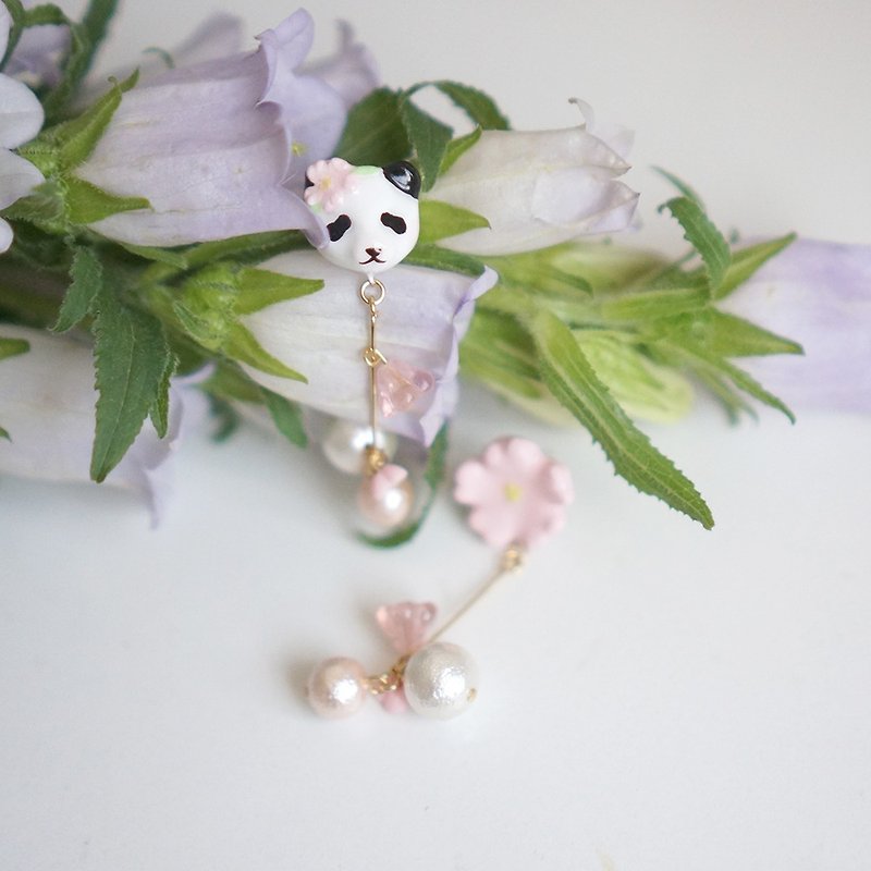 | One-corner forest | Sakura and Panda's dormant pair of ear/ear clips - Earrings & Clip-ons - Clay 
