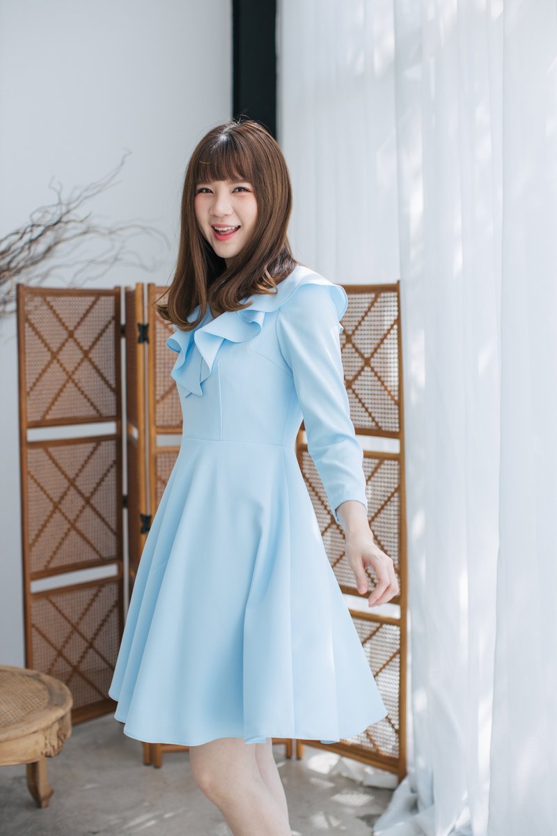 Vฺintage Blue Dress Modest Bridesmaid Dresses Long Sleeve Party Dress - 洋裝/連身裙 - 聚酯纖維 藍色