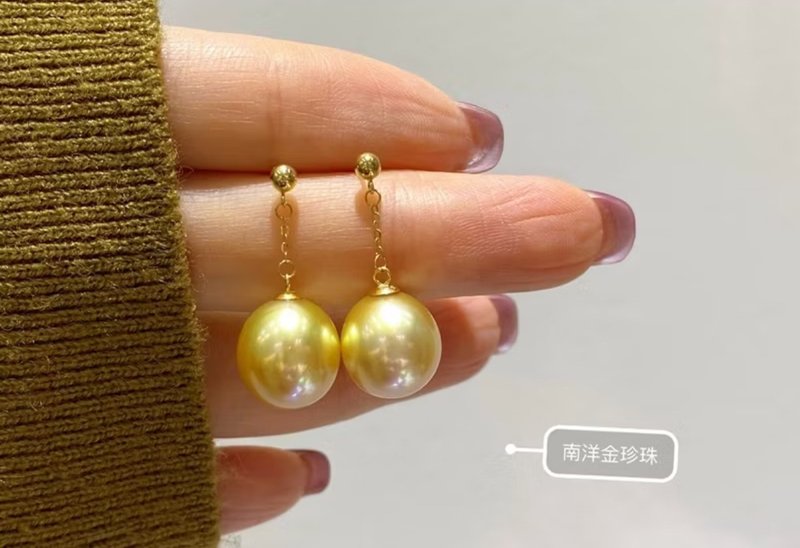 18k金耳環10-11mm南洋金珍珠 高級金色皮光细膩高雅大方 - 耳環/耳夾/耳骨夾 - 珍珠 黃色