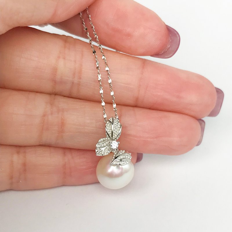 Premium Leaves Genuine Freshwater Natural White Round Pearl 18in SS925 Necklace - Necklaces - Pearl White