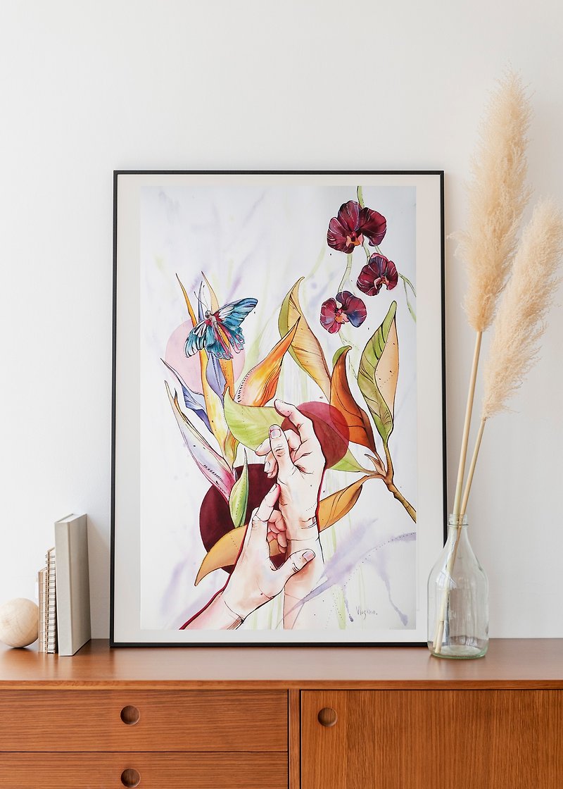Tropical flowers. Home decor painting on paper. Hand made - Wall Décor - Paper Multicolor