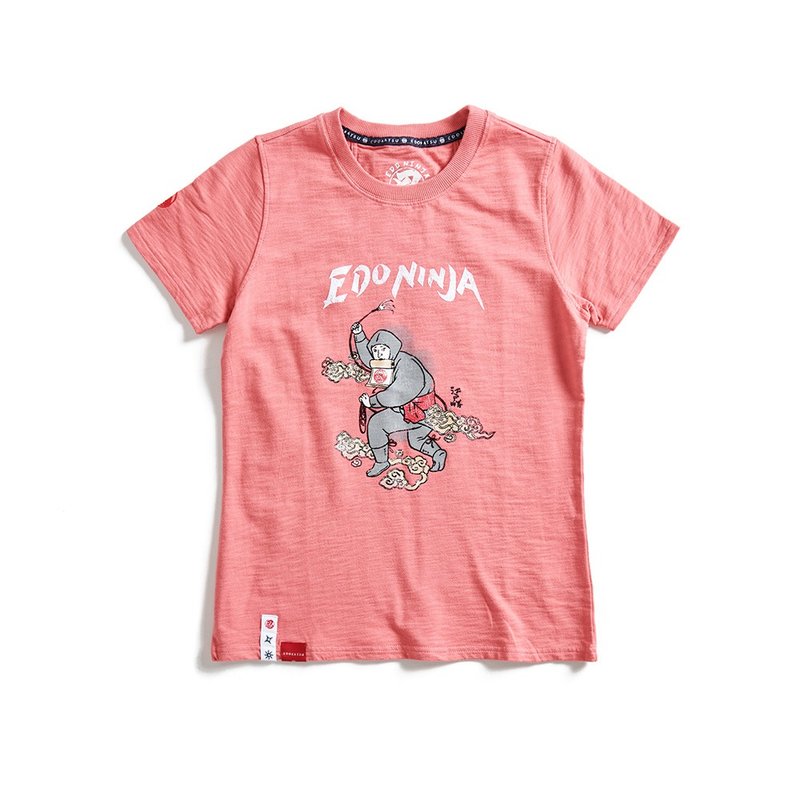 Edo Katsuri Ninja Series Iga Ninja Print Short Sleeve T-Shirt - Ladies (Coral Red) #衣 - เสื้อยืดผู้หญิง - ผ้าฝ้าย/ผ้าลินิน สีแดง