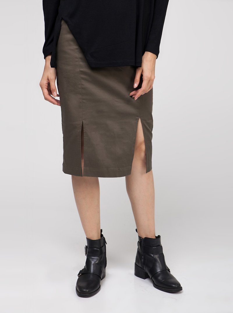 Army Green Double Slit Midi Skirt - Skirts - Other Materials Green