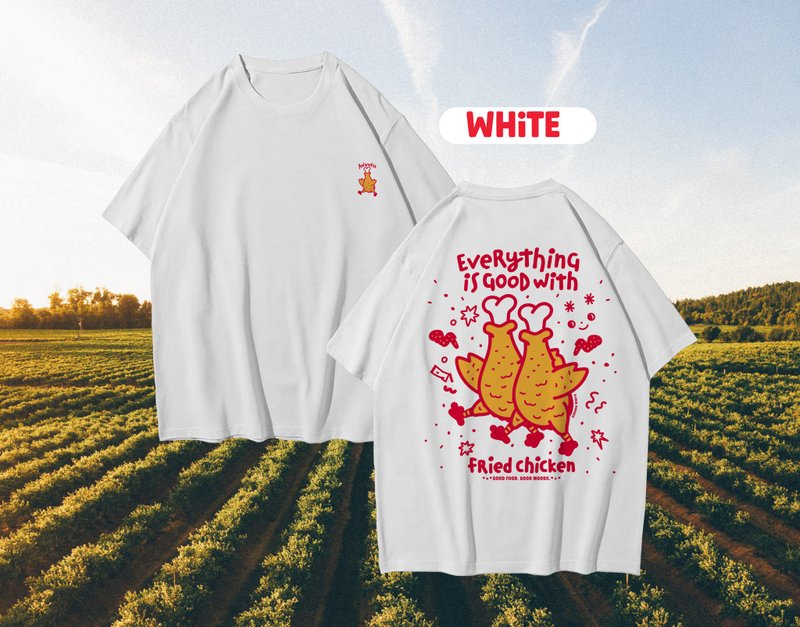 Fried Chicken Oversized Fit White T-Shirt (Pre-order) - เสื้อฮู้ด - ผ้าฝ้าย/ผ้าลินิน ขาว