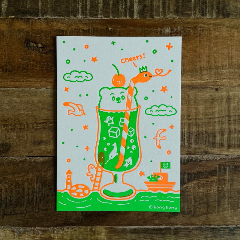 Fast Shipping/Limited Edition/Showa Melon Ice Cream Soda/Letterpress Postcard/Year of the Snake Postcard - Cards & Postcards - Paper Multicolor