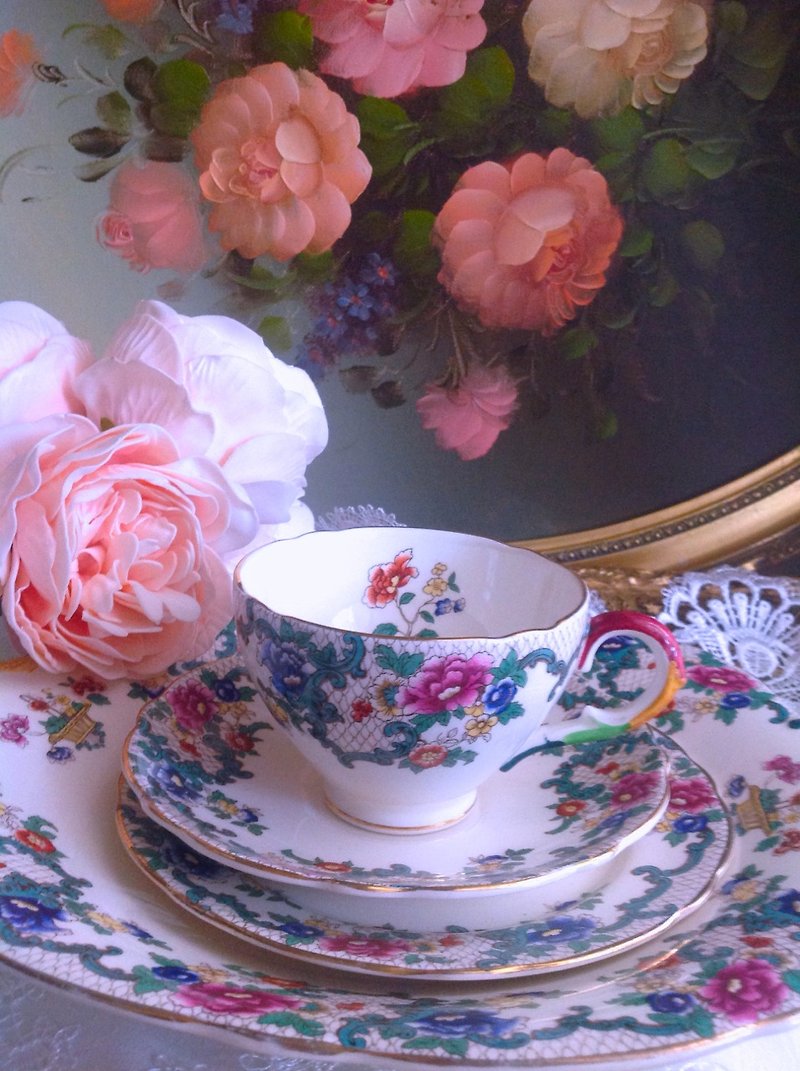 イギリスのボーンチャイナ手描きの1920年ロイヤルカールアンティーク花茶碗、コーヒーカップツーピース - 急須・ティーカップ - 陶器 多色
