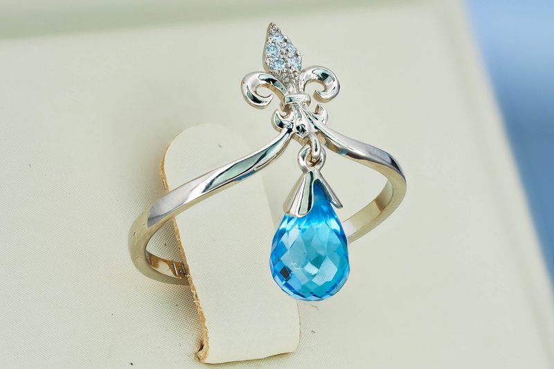 14k gold ring with briolette cut topaz and diamonds. - 戒指 - 貴金屬 金色