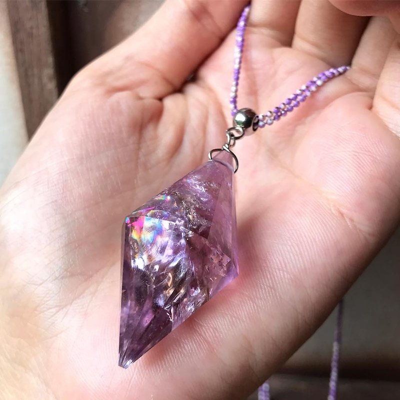 【Lost and find】 natural stone rainbow light stone double-chain purple yellow crystal necklace - Necklaces - Gemstone Multicolor