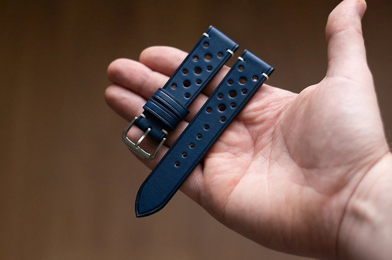 SALE! Navy blue vintage rally leather watch strap. Full-grain leather watch band - 錶帶 - 真皮 藍色