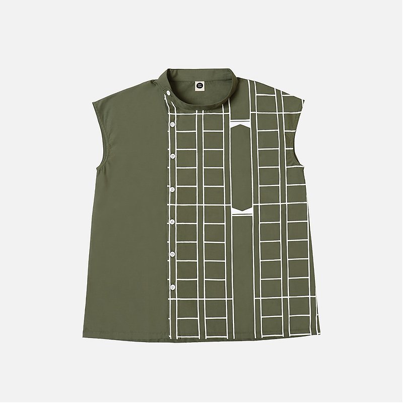 Manuscript Stand Collar Asymmetrical Shirt-Green - เสื้อผู้หญิง - ผ้าฝ้าย/ผ้าลินิน สีเขียว