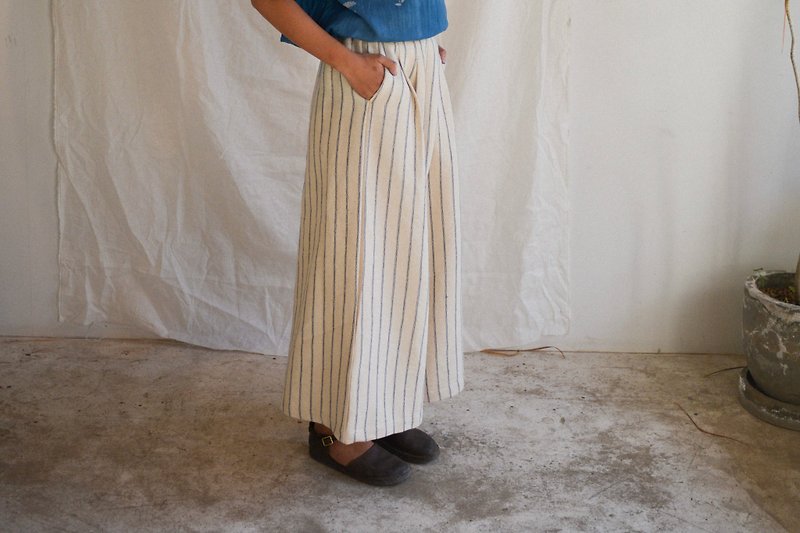 Clochette Wide-Leg Pants | White-Blue Stripe Cotton - 工裝褲/長褲/牛仔褲 - 棉．麻 白色