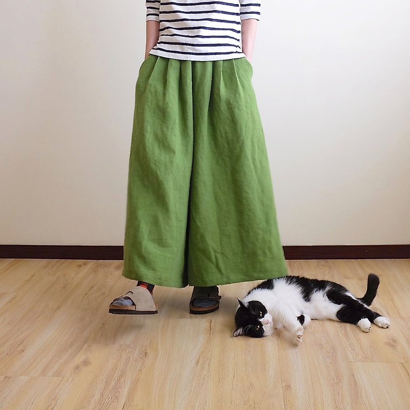 Daily hand-made suit green apple pleated wide pants skirt linen - กางเกงขายาว - ผ้าฝ้าย/ผ้าลินิน สีเขียว