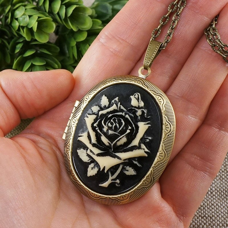 Black Ivory Rose Cameo Oval Photo Locket Flower Pendant Necklace Woman Jewelry - 項鍊 - 其他材質 黑色