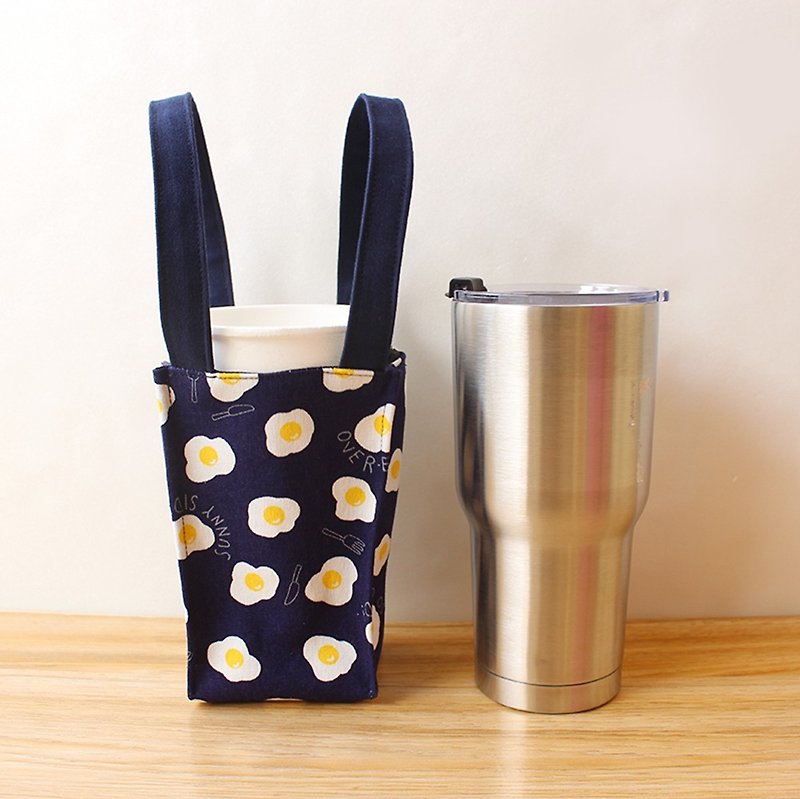 ポーチドエッグ飲料バッグ（大）環境にやさしいカップバッグアイスバカップバッグ - ドリンクホルダー - コットン・麻 ブルー