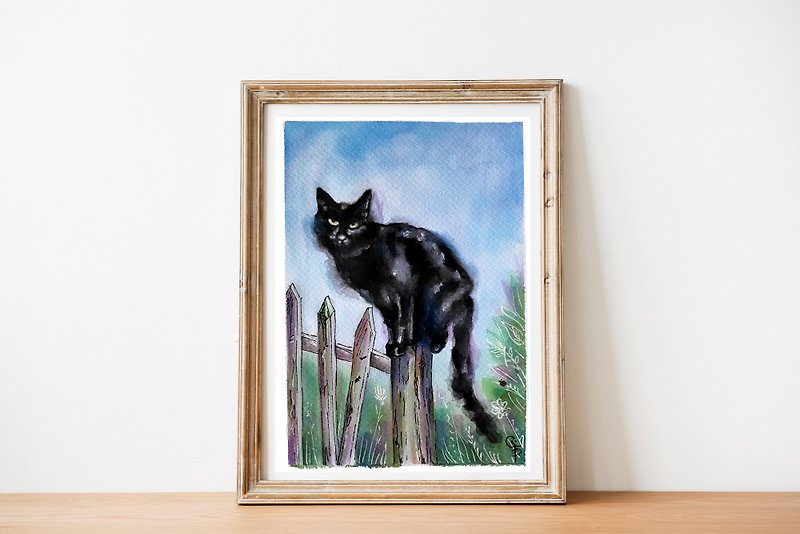 Black Cat Painting Watercolor Animal Art Original Rustic style Farm aesthetic - Wall Décor - Paper Multicolor