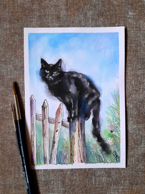 黒丸様 専用 猫 絵画 子猫 イラスト 水彩色鉛筆 アジュガの花と黒猫ちゃん