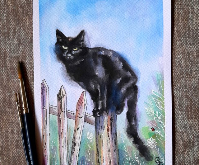 定番 原画#1078 オーストラリア 黒猫 猫 水彩画 ドローイング 