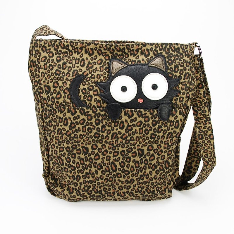 American design Sleepyville Critters Cool Music Village - cute little black cat modeling leopard playful canvas shoulder bag / oblique backpack 84556CN - กระเป๋าแมสเซนเจอร์ - วัสดุอื่นๆ สีนำ้ตาล