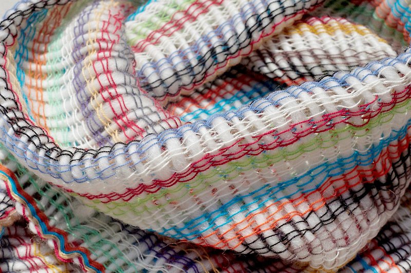 手織純綿羊毛絲巾/手工織布圍巾/手工編織絲巾-森林彩虹條紋流蘇 - 絲巾 - 羊毛 多色