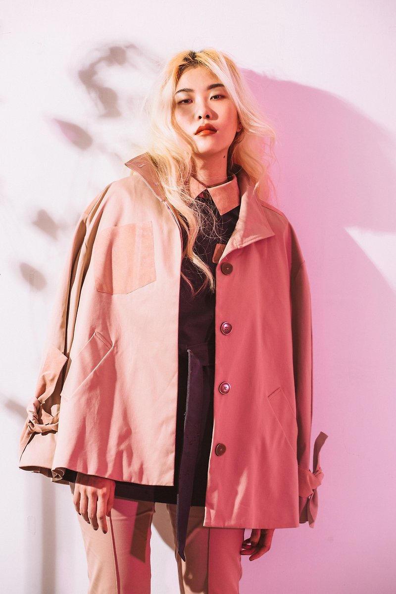 Suede collage jacket-nude pink - เสื้อแจ็คเก็ต - ผ้าฝ้าย/ผ้าลินิน สึชมพู