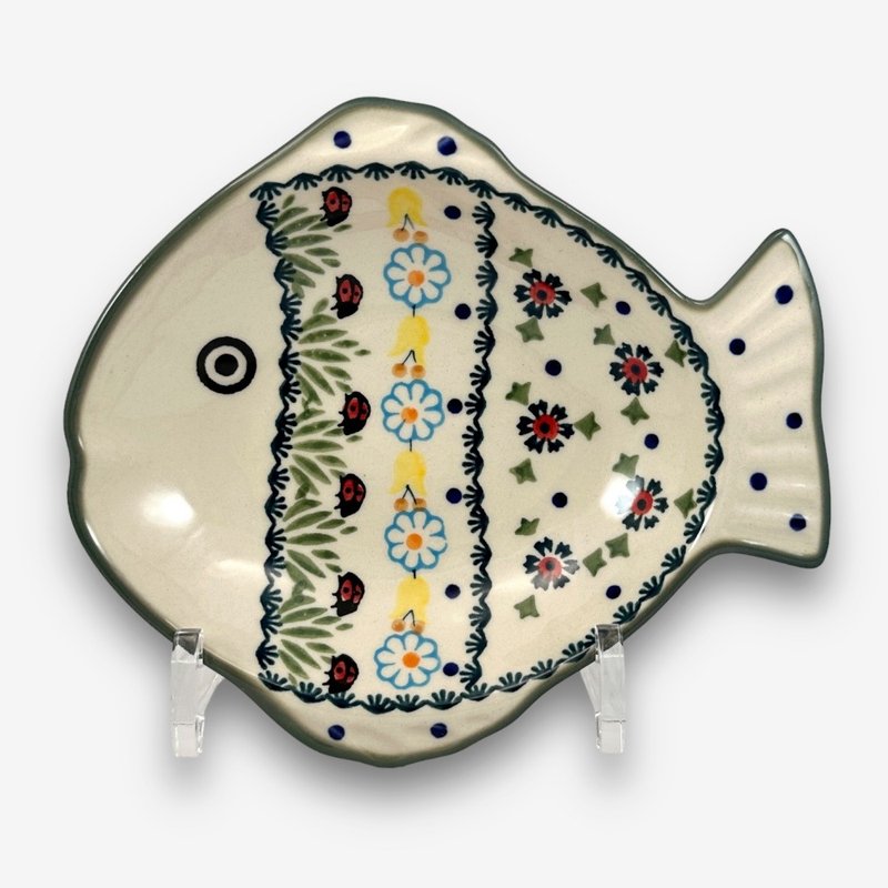 Polish hand-painted pottery-fish-shaped plate 19cm Magic Forest Series designer model - จานและถาด - ดินเผา หลากหลายสี