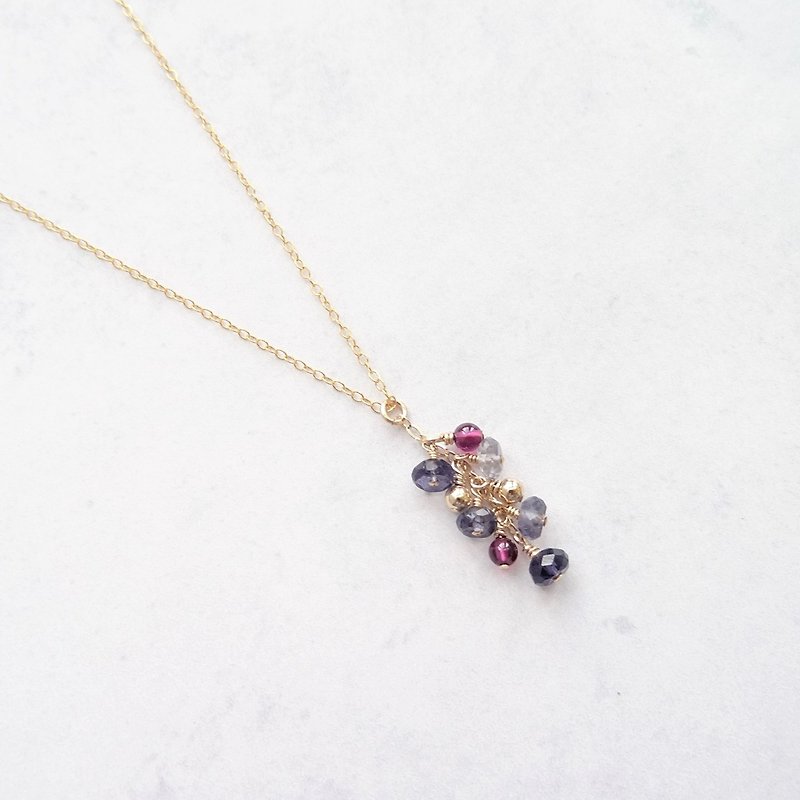 Iolite Faceted Rondelles, Garnet Round Beads Cluster 14K GF Necklace - Necklaces - Gemstone Purple