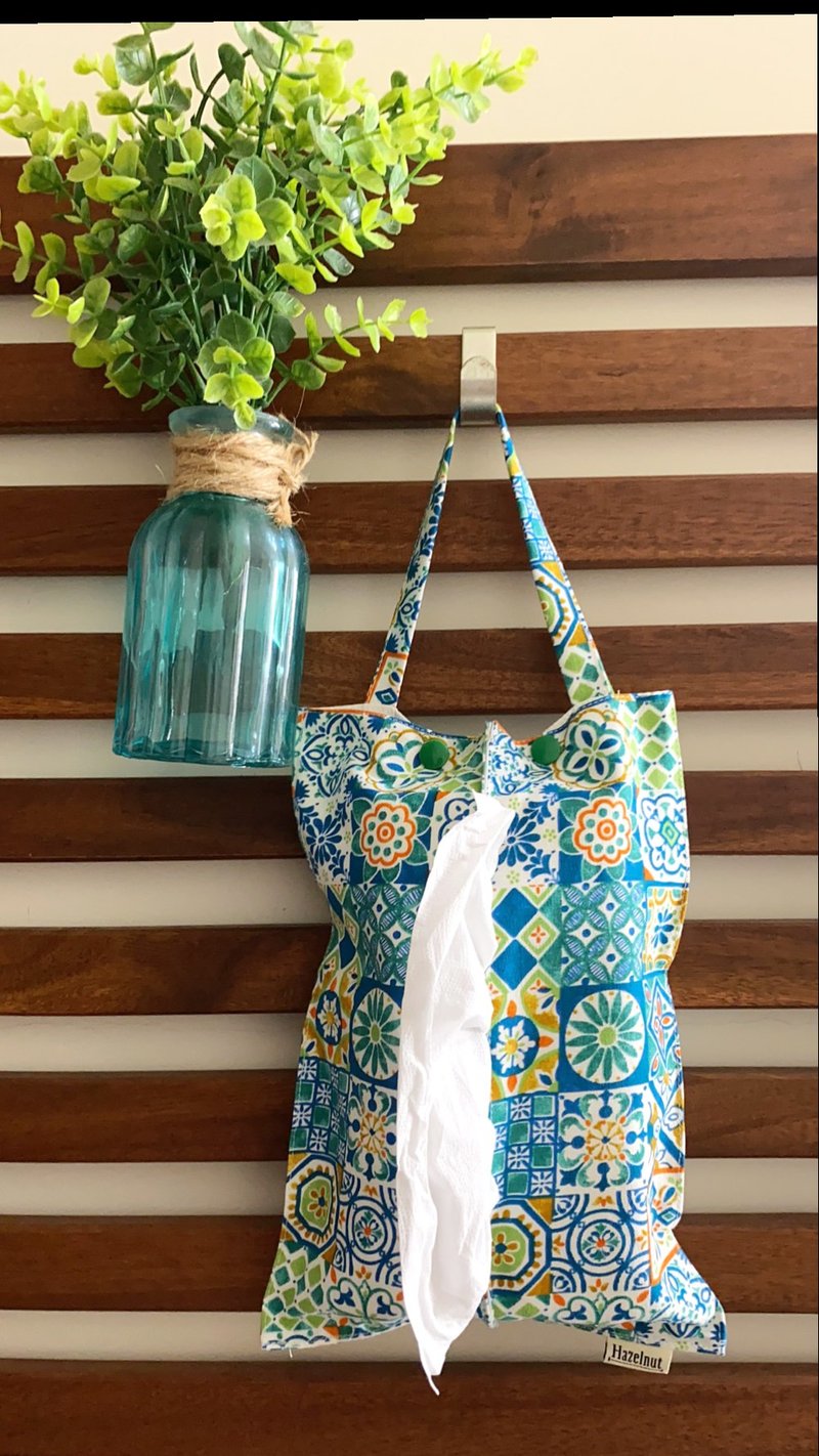 Nordic flower tile green pattern hanging rope extractable paper towel bag can be hung cloth paper cover - Tissue Boxes - Cotton & Hemp Green