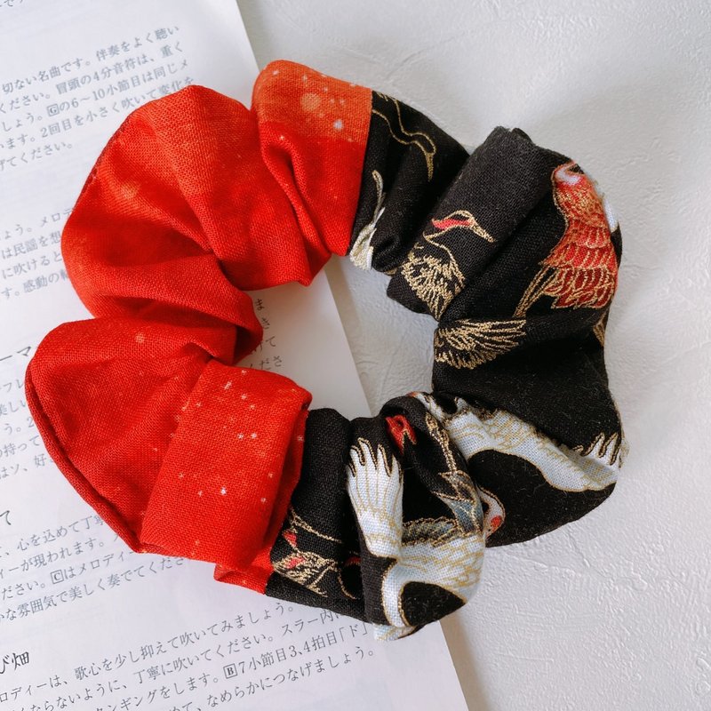 Crane Dance Scrunchie on a Snowy Night - Hair Accessories - Cotton & Hemp Red