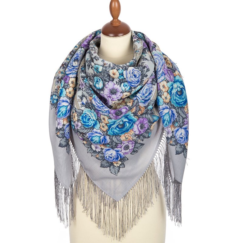 Pavlovo Posad Russian Shawl 100% Wool Scarf 125x125 cm Wrap Silk Fringe 1818-1 - Scarves - Wool Multicolor