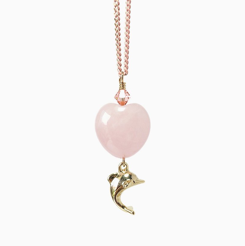 Love Rose Quartz Crystal Necklace with Dolphin Charm - Necklaces - Crystal Pink