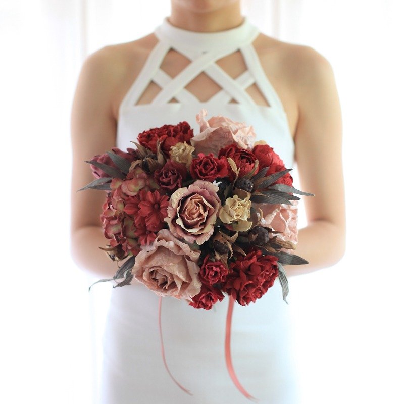 MB309 : Artificial Bridal Bouquet Medium Bouquet Red Wine Size 10.5"x16" - Wood, Bamboo & Paper - Paper Red