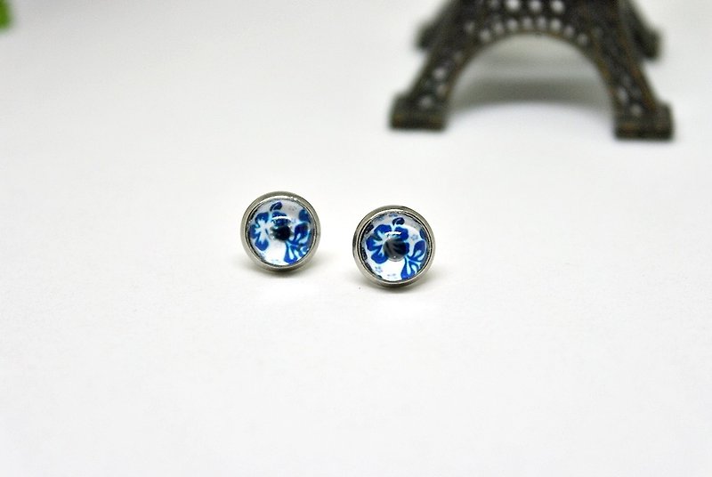 X stainless steel needle time gem earrings blue hibiscus * * ➪ Limited X1 ((micro NG product)) - ต่างหู - โลหะ สีน้ำเงิน