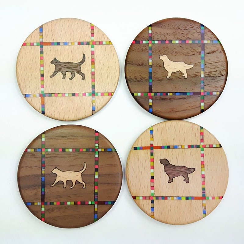 Walking cat, golden retriever [color mosaic street] - wooden handmade coasters - ที่รองแก้ว - ไม้ 
